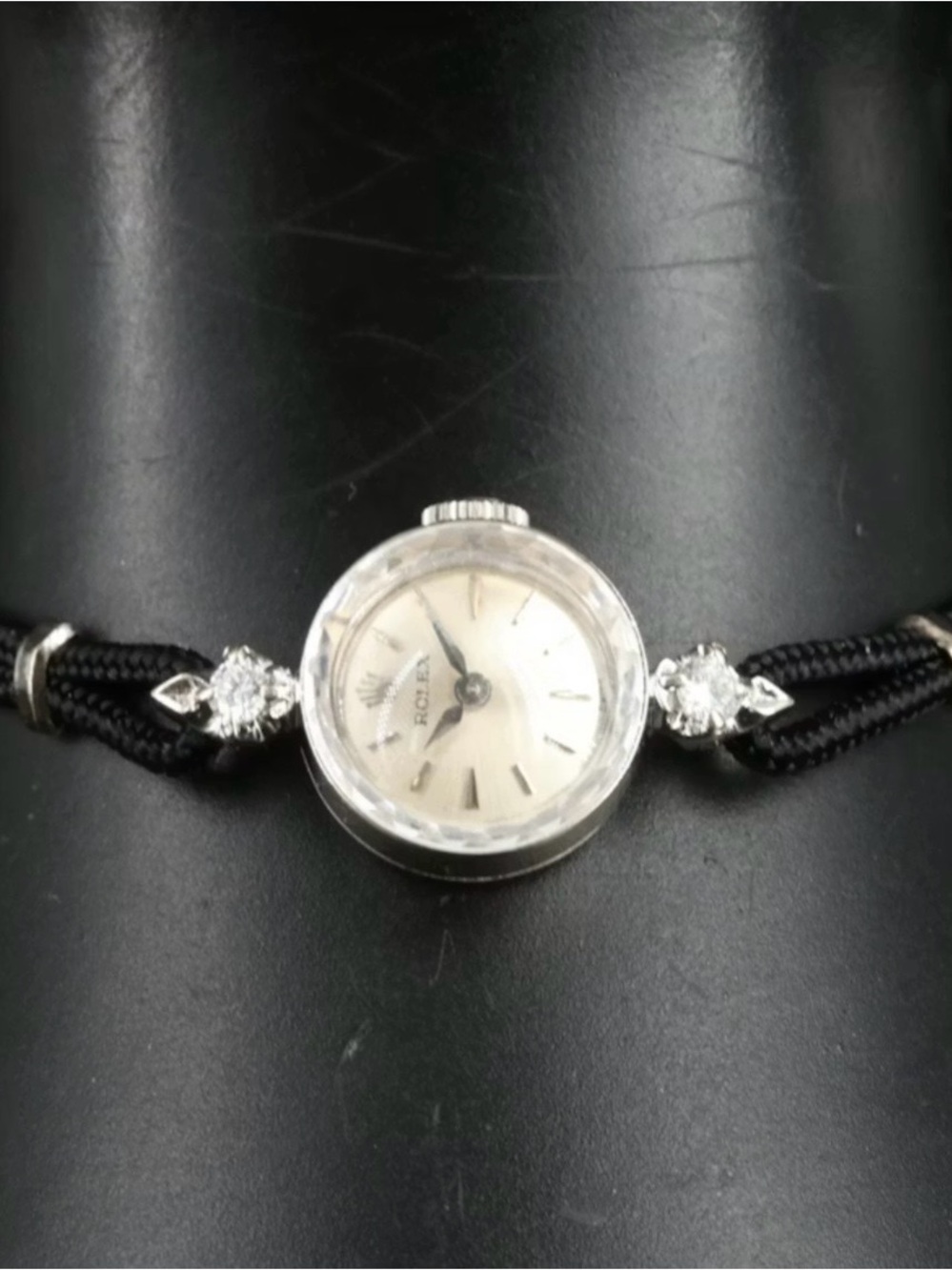 Rolex Ladies Silver-Tone Dial with Black Cord and Diamond Accents